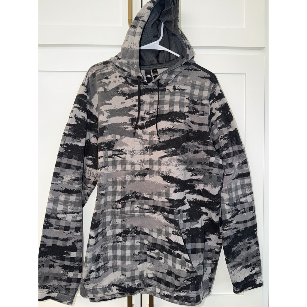 Adidas Mens Large Hoodie Gray Black Camo Plaid Pullover Sweatshirt Mesh Hood